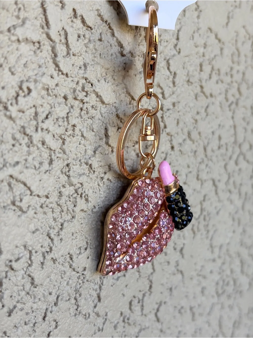 Sparkling Gold-Tone Pink Crystal Lip & Lipstick Keychain